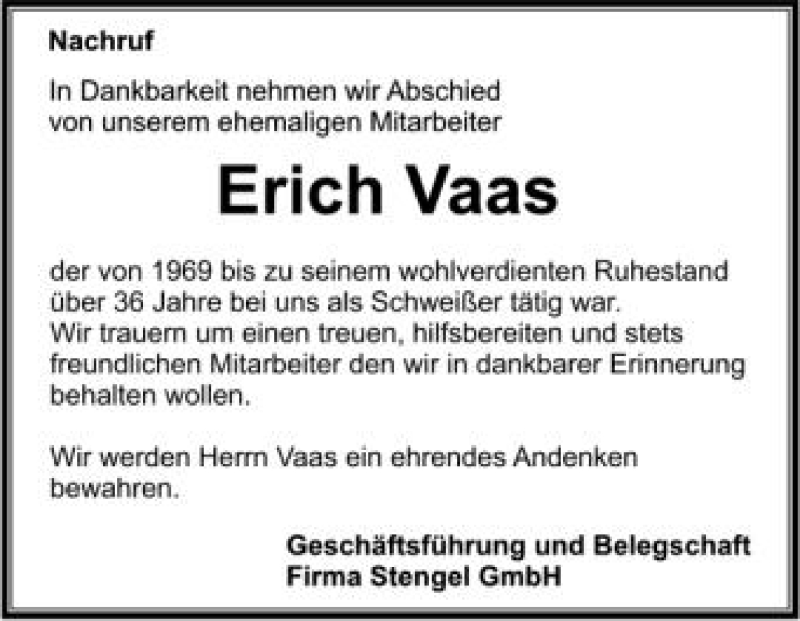  Traueranzeige für Erich Vaas vom 23.05.2012 aus Schwäbische Zeitung