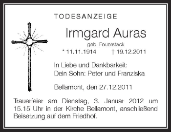 Anzeige von Irmgard Auras von Schwäbische Zeitung