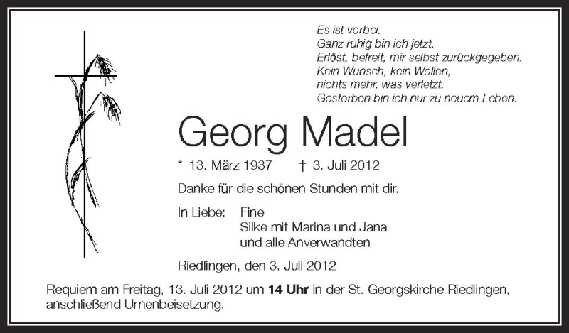  Traueranzeige für Georg Madel vom 11.07.2012 aus Schwäbische Zeitung