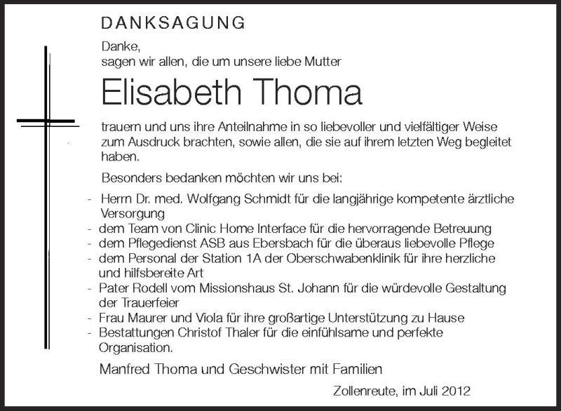  Traueranzeige für Elisabeth Thoma vom 06.07.2012 aus Schwäbische Zeitung
