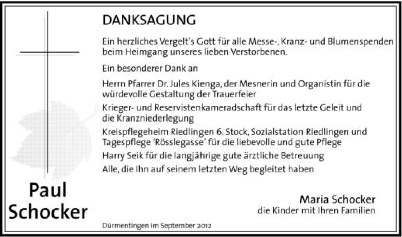  Traueranzeige für Paul Schocker vom 28.09.2012 aus Schwäbische Zeitung