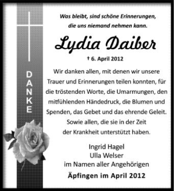 Anzeige von Lydia Daiber von Schwäbische Zeitung