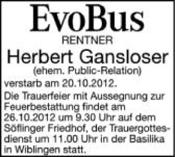 Anzeige von herbert Gansloser von Schwäbische Zeitung