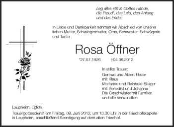 Anzeige von Rosa Öffner von Schwäbische Zeitung