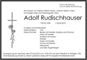 Anzeige von Adolf Rudischhauser von Schwäbische Zeitung