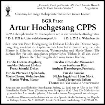 Anzeige von Artur Hochgesang von Schwäbische Zeitung