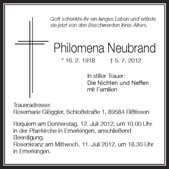 Anzeige von Philomena Neubrand von Schwäbische Zeitung