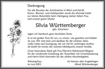 Anzeige von Silvia Württemberger von Schwäbische Zeitung