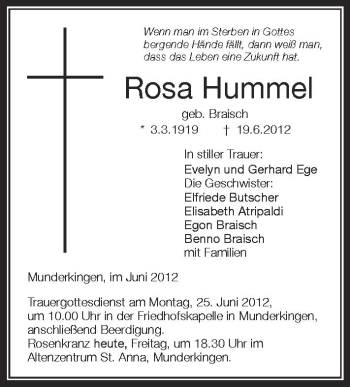Anzeige von Rosa Hummel von Schwäbische Zeitung