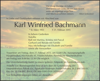 Anzeige von Karl Winfried Bachmann von Schwäbische Zeitung
