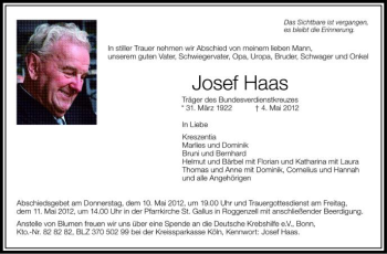 Anzeige von Josef Haas von Schwäbische Zeitung