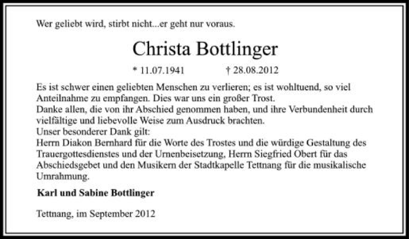  Traueranzeige für Christa Bottlinger vom 08.09.2012 aus Schwäbische Zeitung