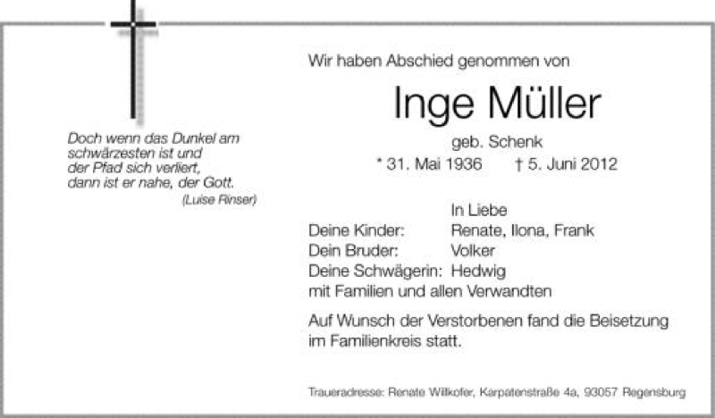  Traueranzeige für Inge Müller vom 13.06.2012 aus Schwäbische Zeitung