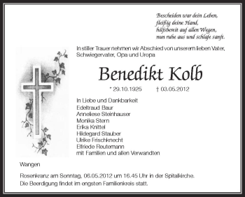 Anzeige von Benedikt Kolb von Schwäbische Zeitung