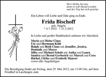 Anzeige von Frida Bischoff von Schwäbische Zeitung