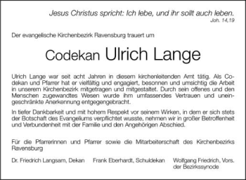 Anzeige von Codekan Ulrich Lange von Schwäbische Zeitung