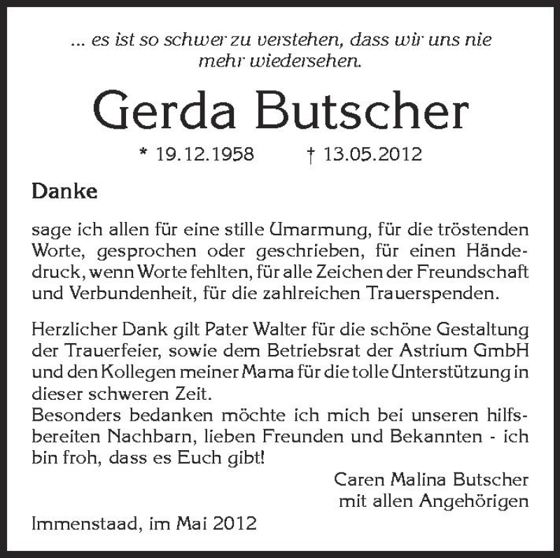  Traueranzeige für Gerda Butscher vom 06.06.2012 aus Schwäbische Zeitung
