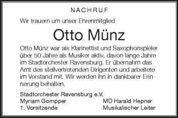 Anzeige von Otto Münz von Schwäbische Zeitung