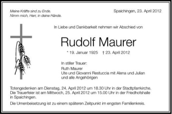 Anzeige von Rudolf Maurer von Schwäbische Zeitung