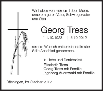 Anzeige von Georg Tress von Schwäbische Zeitung