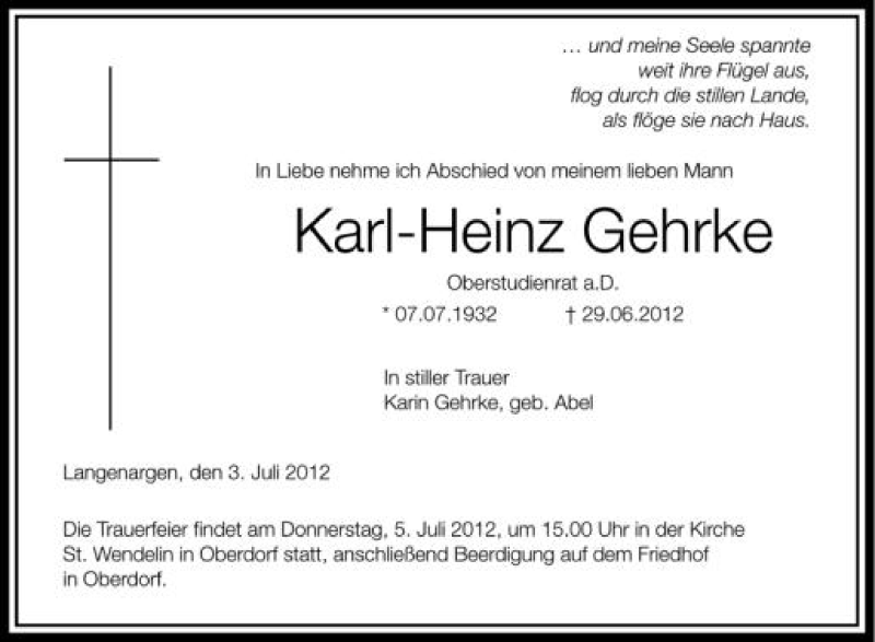  Traueranzeige für Karl-Heinz Gehrke vom 03.07.2012 aus Schwäbische Zeitung
