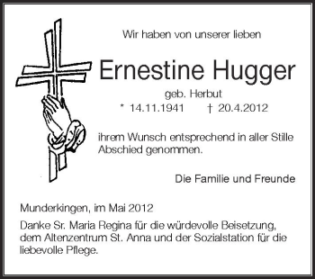 Anzeige von Ernestine Hugger von Schwäbische Zeitung