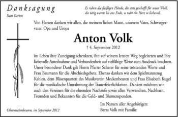Anzeige von Anton Volk von Schwäbische Zeitung