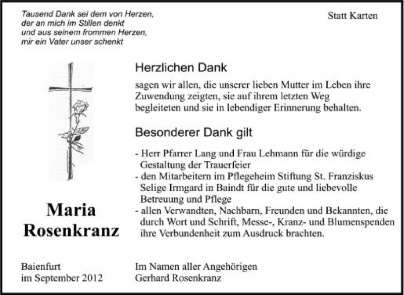  Traueranzeige für Maria Rosenkranz vom 29.09.2012 aus Schwäbische Zeitung