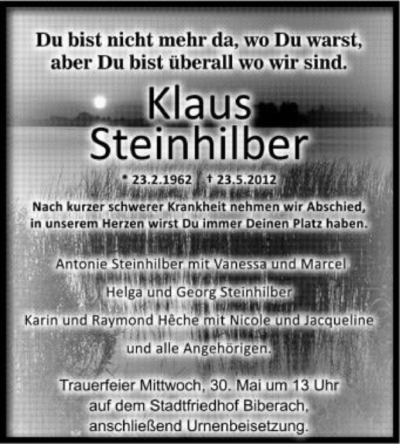  Traueranzeige für Klaus Steinhilder vom 26.05.2012 aus Schwäbische Zeitung