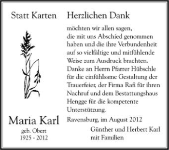 Anzeige von Maria Karl von Schwäbische Zeitung