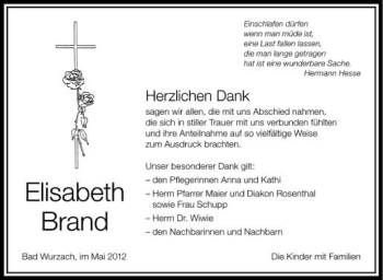 Anzeige von Elisabeth Brand von Schwäbische Zeitung