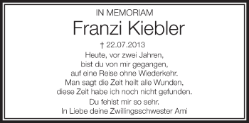 Anzeige von Franzi Kiebler von Schwäbische Zeitung