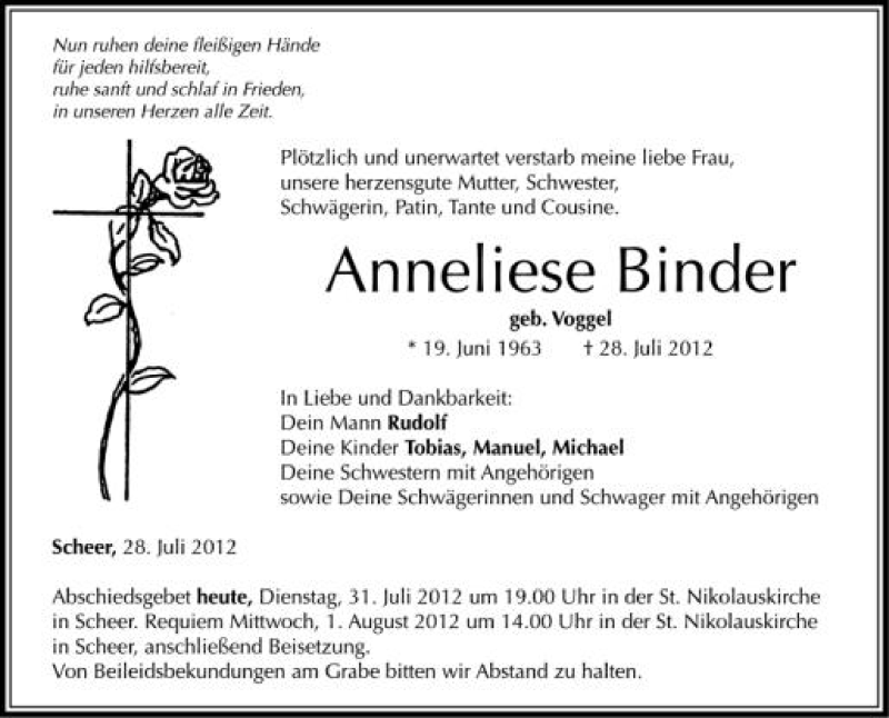 Traueranzeige für Anneliese Binder vom 31.07.2012 aus Schwäbische Zeitung