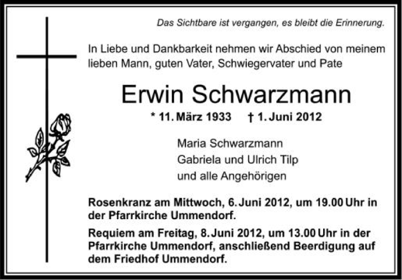  Traueranzeige für Erwin Schwarzmann vom 06.06.2012 aus Schwäbische Zeitung