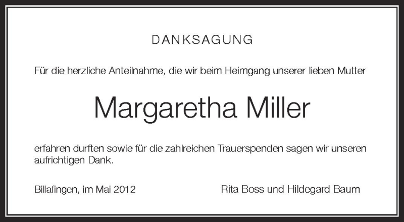  Traueranzeige für Margaretha Miller vom 18.05.2012 aus Schwäbische Zeitung