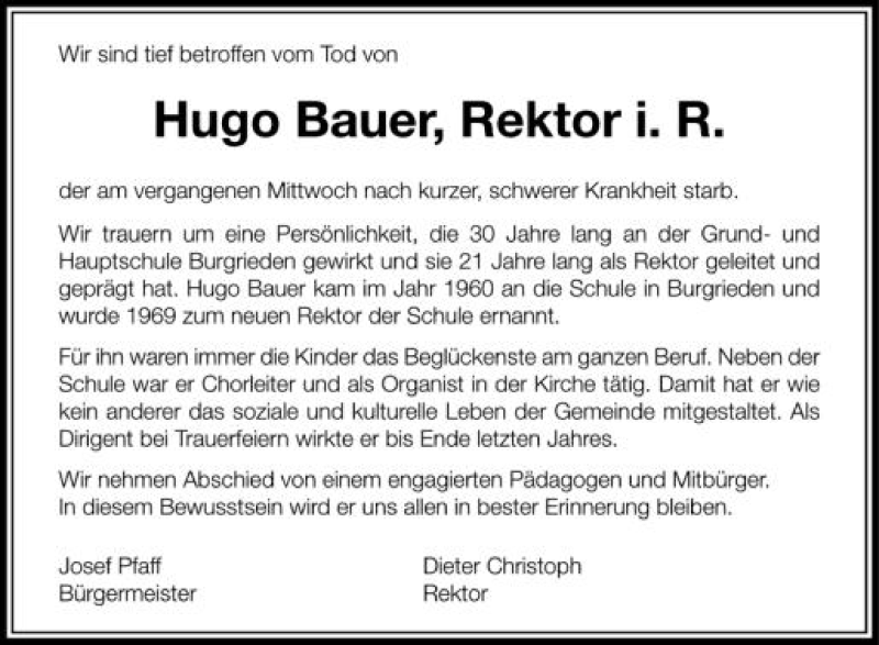  Traueranzeige für Hugo Bauer vom 26.05.2012 aus Schwäbische Zeitung