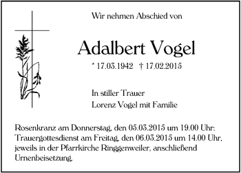 Anzeige von Adalbert Vogel von Schwäbische Zeitung