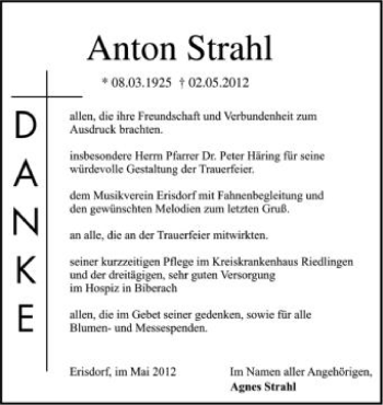 Anzeige von Anton Strahl von Schwäbische Zeitung