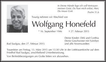 Anzeige von Wolfgang Honefeld von Schwäbische Zeitung