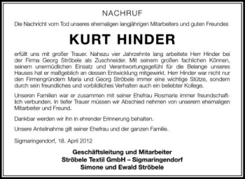 Anzeige von Kurt Hinder von Schwäbische Zeitung