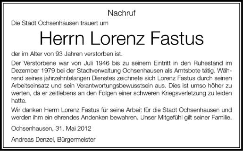  Traueranzeige für Lorenz Fastus vom 31.05.2012 aus Schwäbische Zeitung