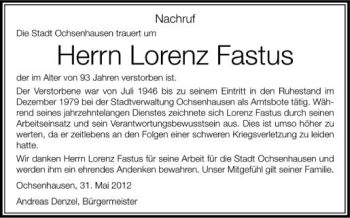 Anzeige von Lorenz Fastus von Schwäbische Zeitung