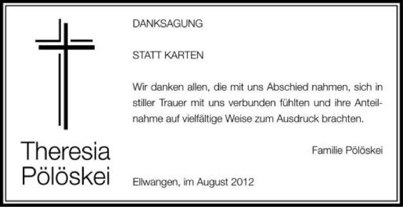  Traueranzeige für Theresia Pölöskei vom 25.08.2012 aus Schwäbische Zeitung