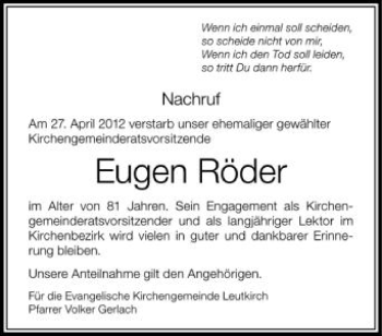 Anzeige von Eugen Röder von Schwäbische Zeitung
