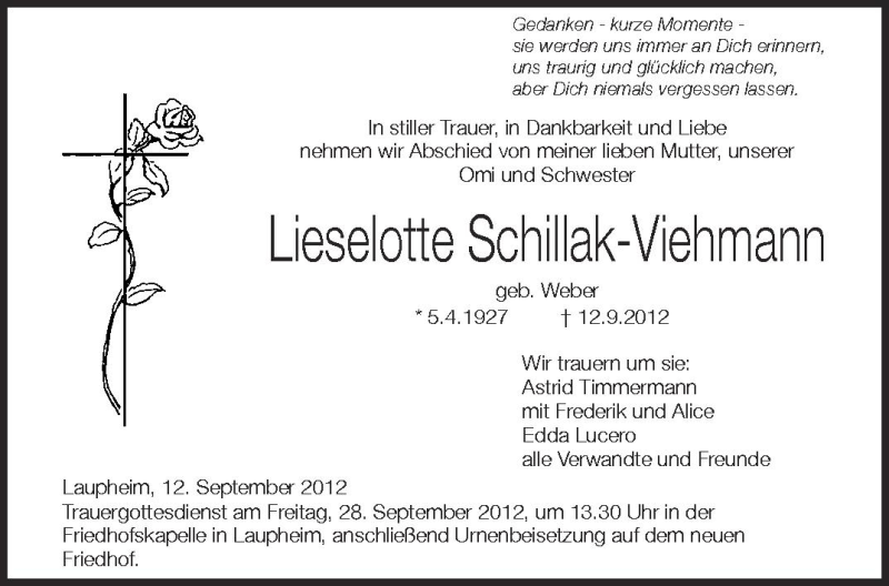 Traueranzeige für Lieselotte Schillak-Viehmann vom 26.09.2012 aus Schwäbische Zeitung