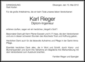 Anzeige von Karl Rieger von Schwäbische Zeitung
