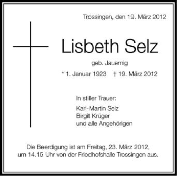 Anzeige von Lisbeth Selz von Schwäbische Zeitung