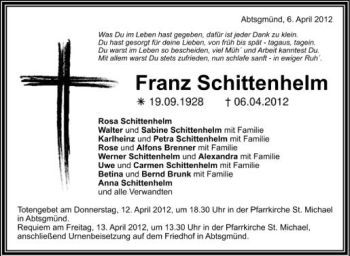 Anzeige von Franz Schittenhelm von Schwäbische Zeitung