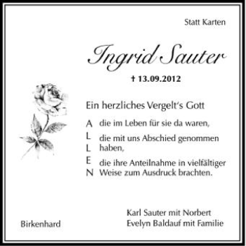 Anzeige von Ingrid Sauter von Schwäbische Zeitung