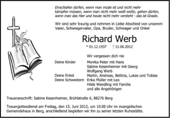 Anzeige von Richard Werb von Schwäbische Zeitung